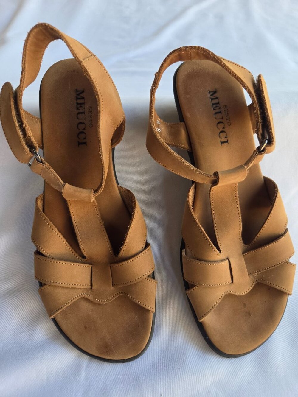 Sesto Meucci Women Suede Strappy T-Strap Wedge Sandals Brown Comfort Made Italy